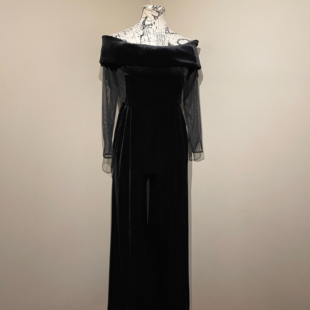 VELVET Off Shoulder Velour Sheer Mesh Long Sleeve Wide leg Whimsygoth holiday - Picture 5 of 10